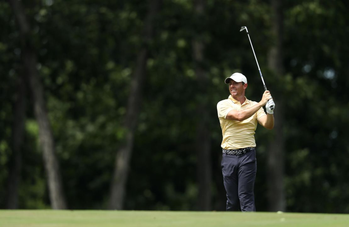 McIlroy plays his second shot on the ninth hole during the final round of The Memorial Tournament.