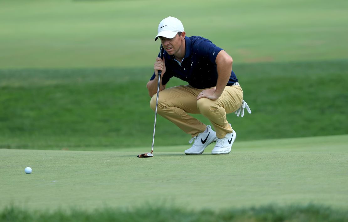 McIlroy lines up a putt on the seventh green during the second round of The Memorial Tournament.