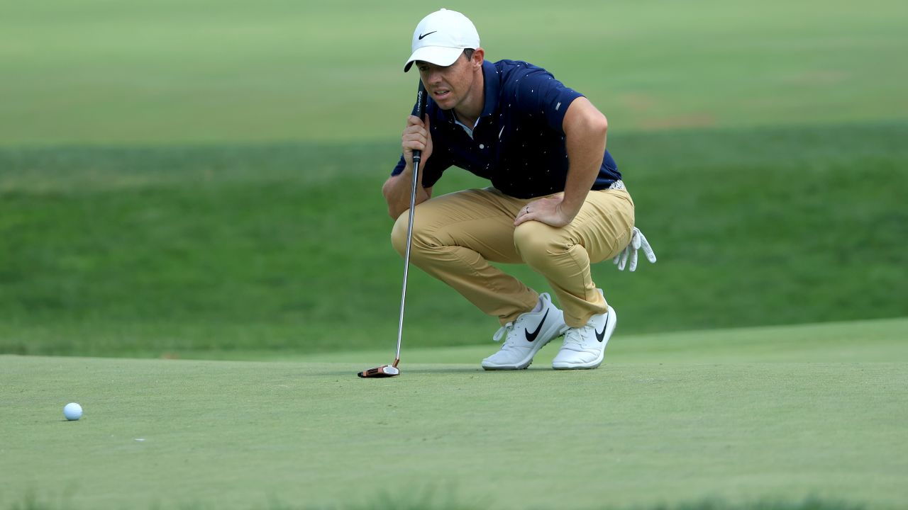 McIlroy lines up a putt on the seventh green during the second round of The Memorial Tournament.