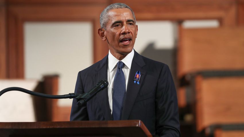 Former President Barack Obama, addresses the service during the funeral for the late Rep. John Lewis, D-Ga., at Ebenezer Baptist Church in Atlanta, Thursday, July 30, 2020.  (Alyssa Pointer/Atlanta Journal-Constitution via AP, Pool)