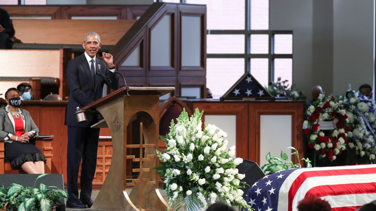 Former President Barack Obama, addresses the service during the funeral for the late Rep. John Lewis, D-Ga., at Ebenezer Baptist Church in Atlanta, Thursday, July 30, 2020. (Alyssa Pointer/Atlanta Journal-Constitution via AP, Pool)