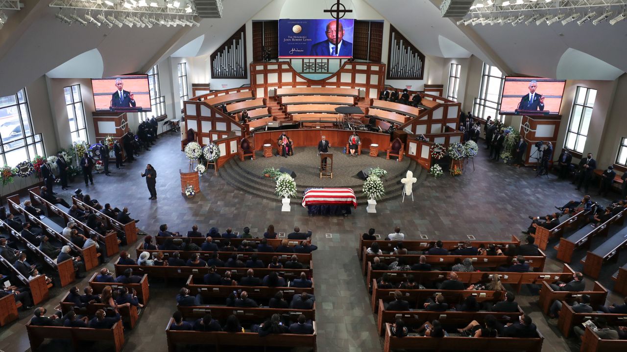 Former President Barack Obama delivers the eulogy for US Rep. John Lewis on Thursday, July 30.