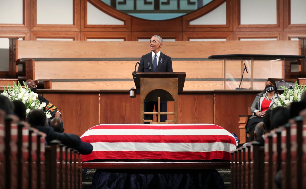 "It is a great honor to be back at Ebenezer Baptist Church, at the pulpit of its greatest pastor, Dr. Martin Luther King, Jr., to pay my respects to perhaps his finest disciple," Obama said in his eulogy.