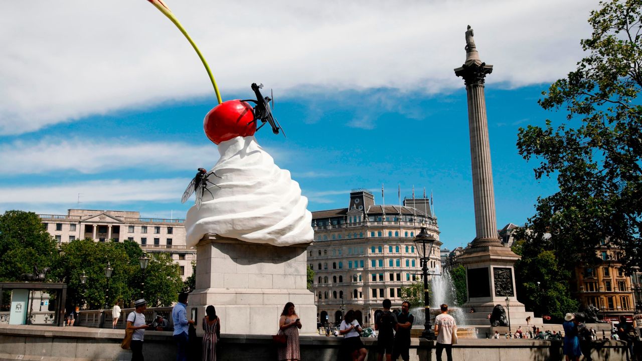 TOPSHOT - A new work of art entitled 'The End' by British artist Heather Phillipson was unveiled on the fourth plinth in Trafalgar Square in London on July 30, 2020. (Photo by Tolga AKMEN / AFP) (Photo by TOLGA AKMEN/AFP via Getty Images)