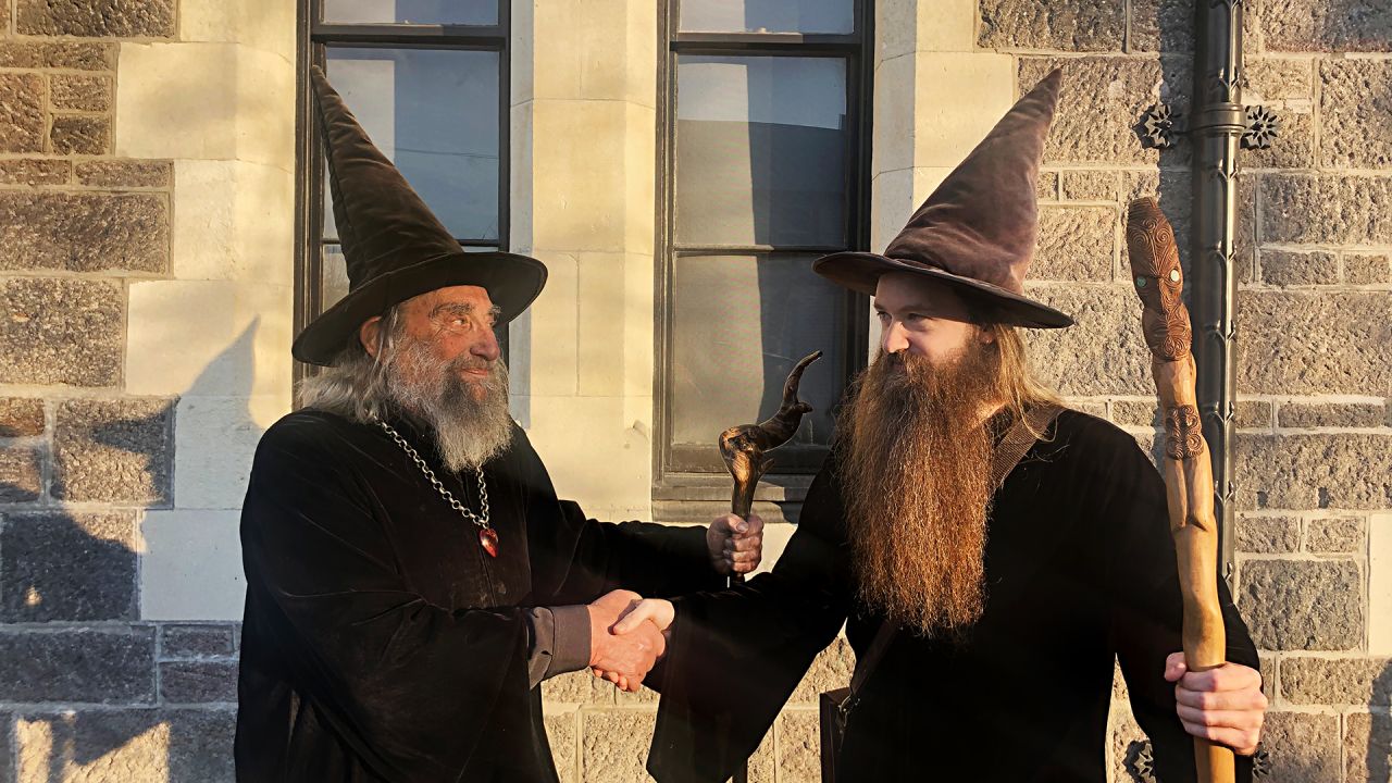 The Wizard and his apprentice Ari Freeman in central Christchurch, New Zealand, on June 2, 2020. 
