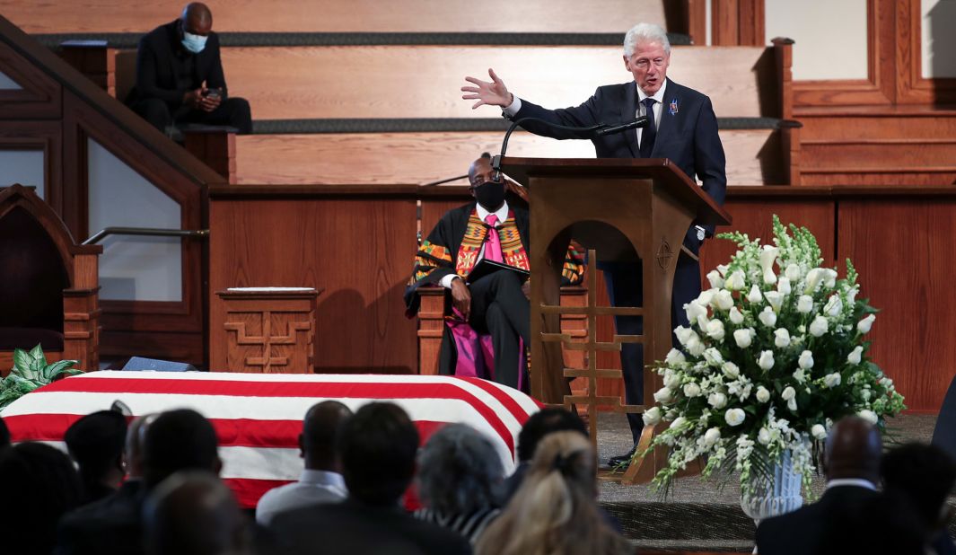 Former President Bill Clinton speaks during Lewis' funeral on Thursday. "John Lewis was a walking rebuke to people who thought: 'Well, we ain't there yet and we have been working a long time. Isn't it time to bag it?' He kept moving," Clinton said. "He hoped for and imagined and lived and worked and moved for his beloved community."