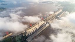 YICHANG, July 27, 2020 -- Aerial photo taken on July 27, 2020 shows floodwater being discharged from the Three Gorges Dam in central China's Hubei Province. The third flood of the year in the Yangtze River occurred in its upper reaches as the Three Gorges reservoir saw an inflow of 50,000 cubic meters per second at 2 p.m. Sunday. (Photo by Wang Gang/Xinhua via Getty) (Xinhua/Wang Gang via Getty Images)