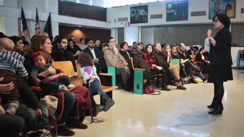 Principal Sandra Soto of Public School 705 -- an elementary school in Brooklyn -- addresses a gathering of parents in 2016. A pilot program let seven New York City elementary schools tweak their admissions policies to foster diversity by setting aside spots for low-income kids.