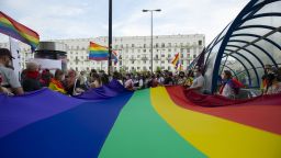POLAND LGBT PROTEST
Demonstrators hold a huge rainbow flag during a protest on June 20, 2020 in Warsaw, Poland. People took part in a demonstration under the slogan "People, not an ideology" against hatred addressed towards the LGBT community by the ruling party PiS (Law & Justice) representatives during the ongoing presidential campaign. (Photo by Aleksander Kalka/NurPhoto via AP)