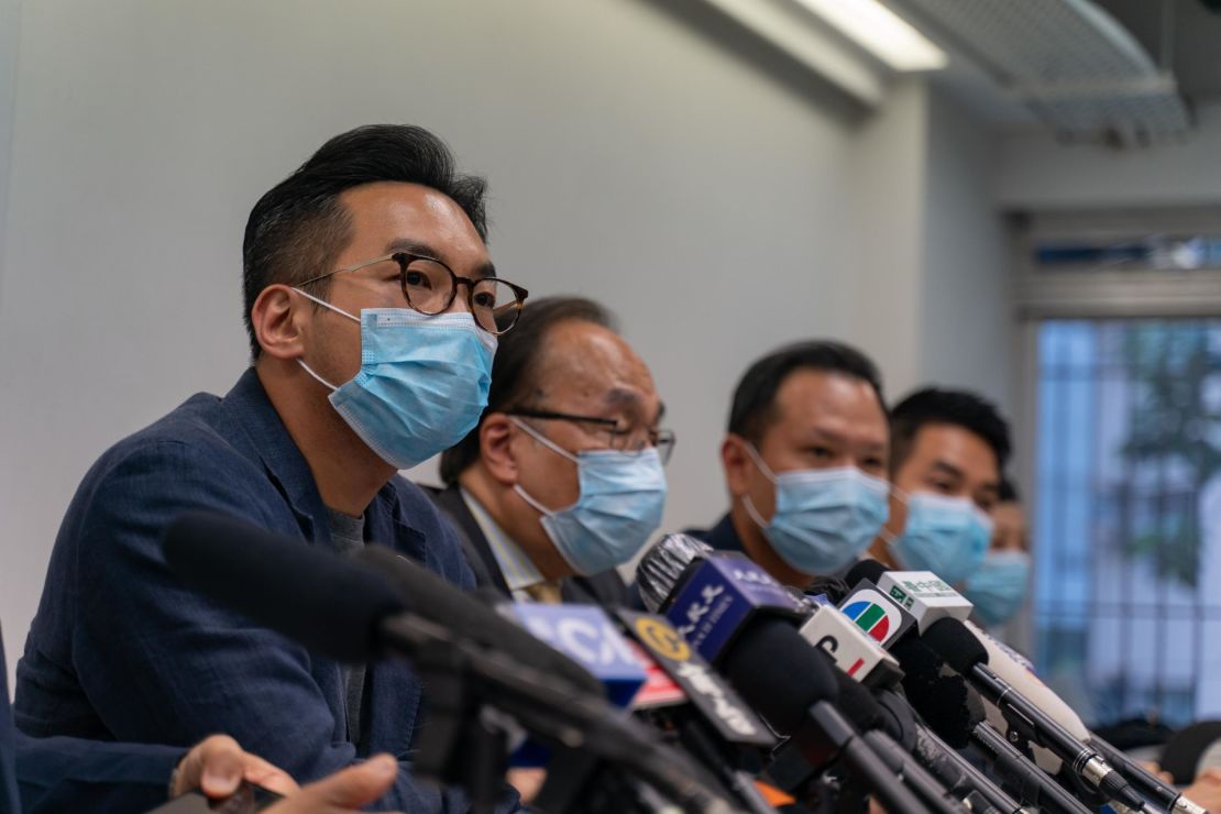 Barrister and politician Alvin Yeung speaks during a press conference on July 30, 2020 in Hong Kong, China. Yeung was among 12 prominent pro-democracy figures barred from standing for office. 