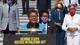 WASHINGTON, DC - JUNE 25:  U.S. Rep. Karen Bass (D-CA) speaks as other House Democrats look on during an event on police reform June 25, 2020 at the east front of the U.S. Capitol in Washington, DC. The House is scheduled to vote on the George Floyd Justice in Policing Act today.  (Photo by Alex Wong/Getty Images)