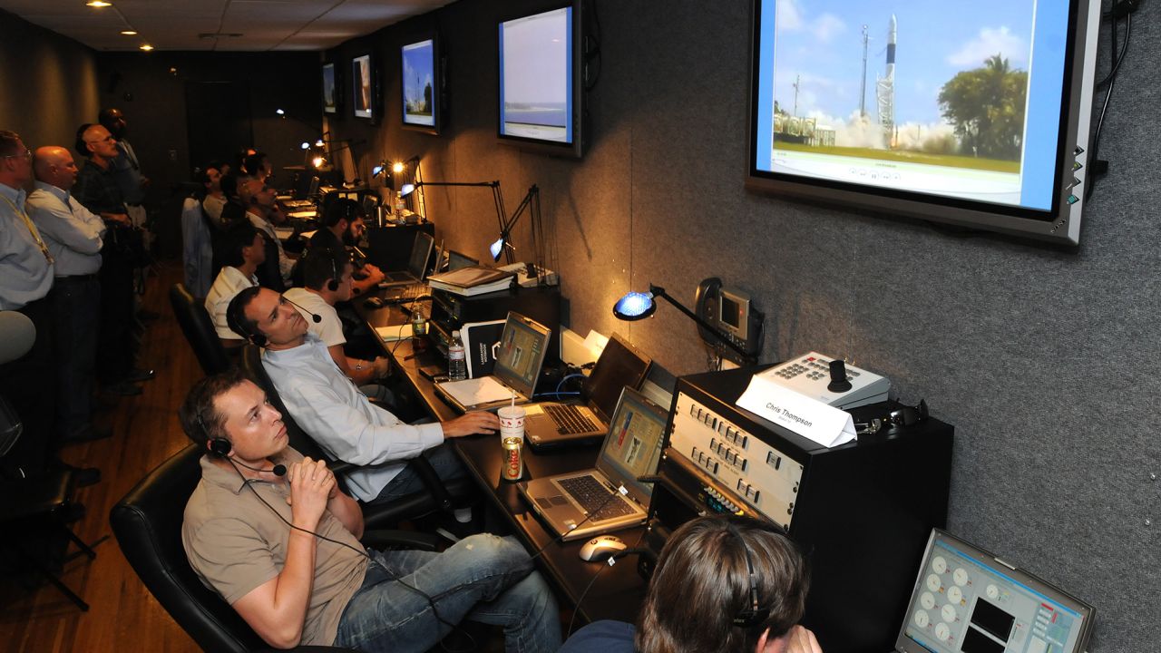 Elon Musk watches the liftoff of Falcon 1 rocket from Omelek Island in the Kwajalein Atoll located 2,500 miles southwest of Hawaii on September, 29, 2008. Falcon 1 was the first privately developed liquid fuel rocket to orbit Earth. 