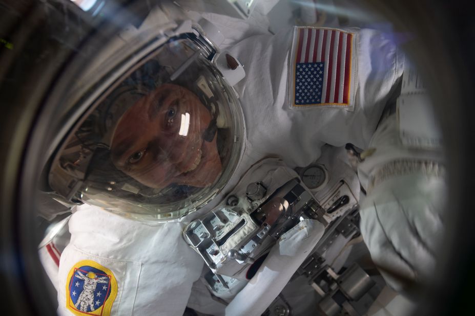 Behnken is pictured inside the Quest airlock at the end of a July 1 spacewalk to replace batteries on the International Space Station's Starboard-6 truss structure.