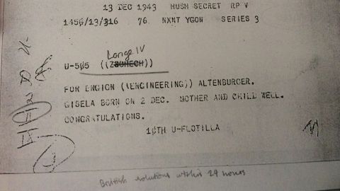 A birth notice sent to a German submariner that was intercepted and decoded by Navy intelligence. 