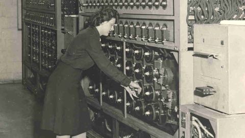 WAVES during WWII are shown at the Naval Communications Annex on Nebraska Avenue in Washington working with a Bombe machine. Intercepted German messages were run through the massive machines, allowing analysts to eventually break the code and decipher the message.