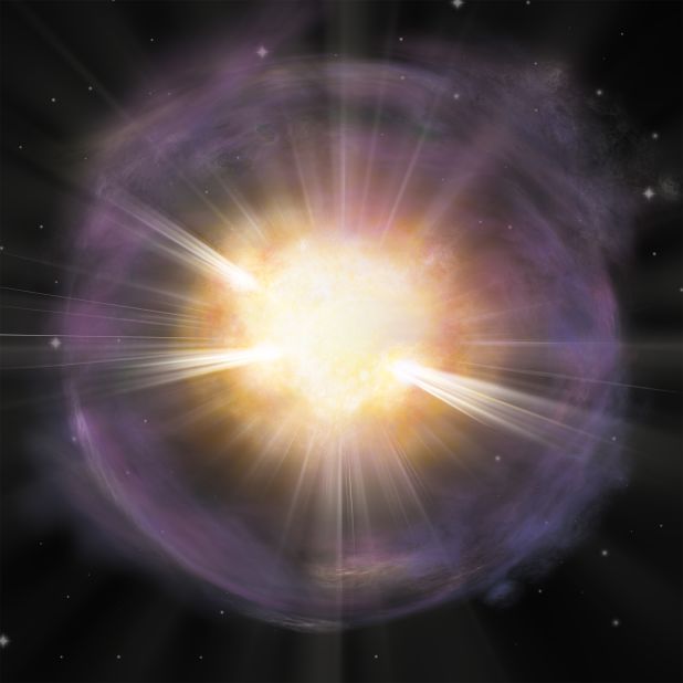 This artist's interpretation shows the calcium-rich supernova 2019ehk. The orange represents the calcium-rich material created in the explosion. Purple reveals gas shed by the star right before the explosion.