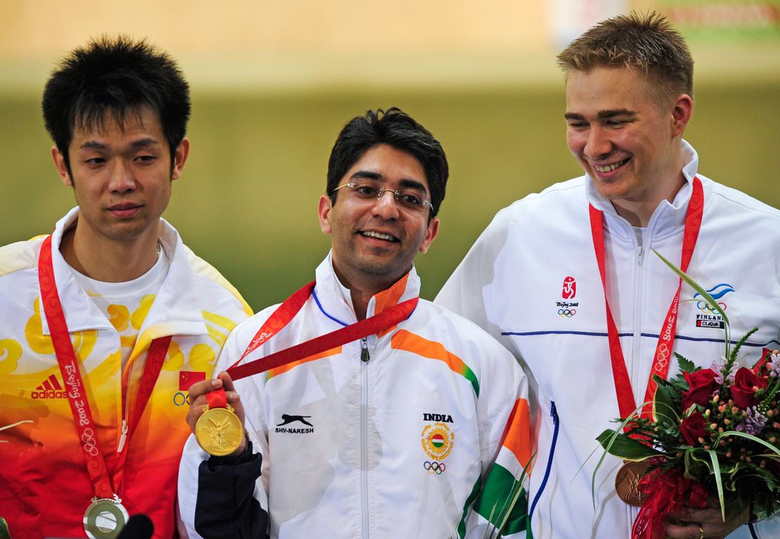 Abhinav Bindra presents India's first Olympic gold medal in the men's 10m air rifle shooting event at the 2008 Beijing Olympic Games on August 11, 2008.