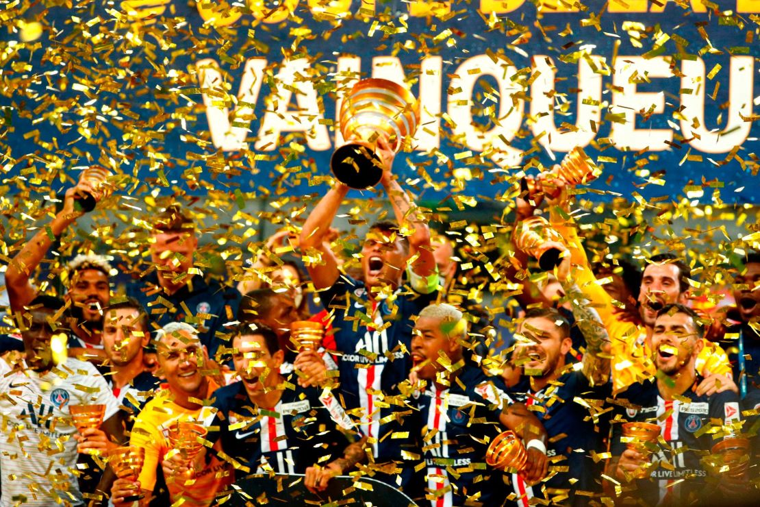 PSG celebrate winning the French League Cup at the Stade de France in Paris.