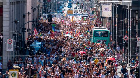 Protesters march down Berlin's Friedrichstrasse during a demonstration against Covid-19 restrictions.