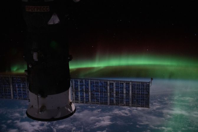 This nighttime view was seen from the International Space Station on June 7 as it orbited above the Indian Ocean. It shows the aurora australis and a starry sky with Russia's Progress 74 resupply ship in the foreground.