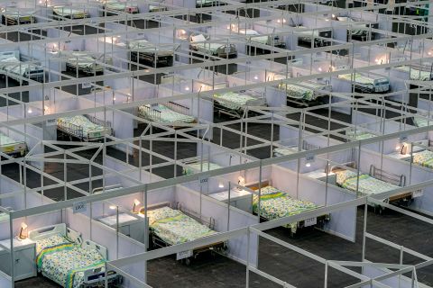 Beds are seen at a temporary field hospital set up in Hong Kong on August 1. AsiaWorld-Expo has been converted into a makeshift hospital that can take up to 500 patients. 