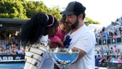 AUCKLAND, NEW ZEALAND - JANUARY 12: Alexis Olympia, daughter of Serena Williams and husband Alexis Ohanian congratulate Serena Williams after she won her final match against Jessica Pegula of USA at ASB Tennis Centre on January 12, 2020 in Auckland, New Zealand. (Photo by Hannah Peters/Getty Images)