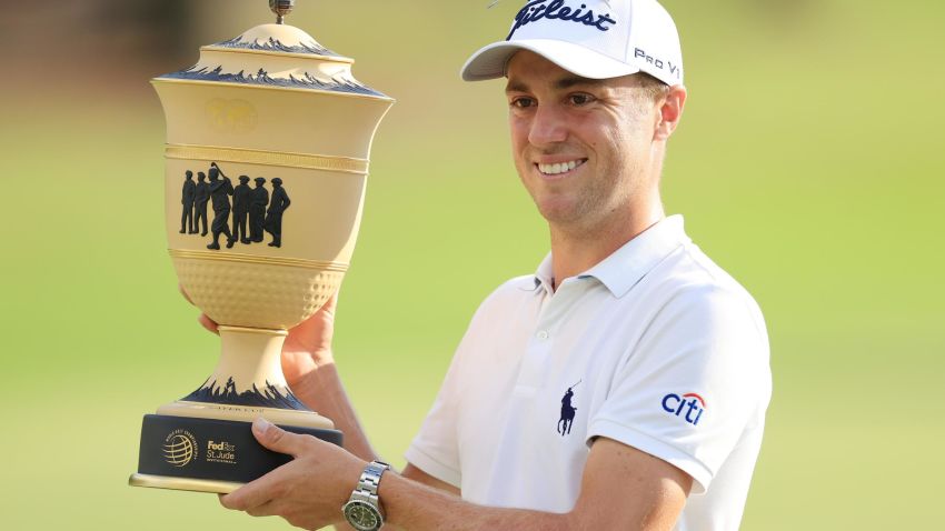 MEMPHIS, TENNESSEE - AUGUST 02:  Justin Thomas of the United States poses with the trophy after winning the World Golf Championship FedEx St Jude Invitational at TPC Southwind on August 02, 2020 in Memphis, Tennessee. (Photo by Andy Lyons/Getty Images)