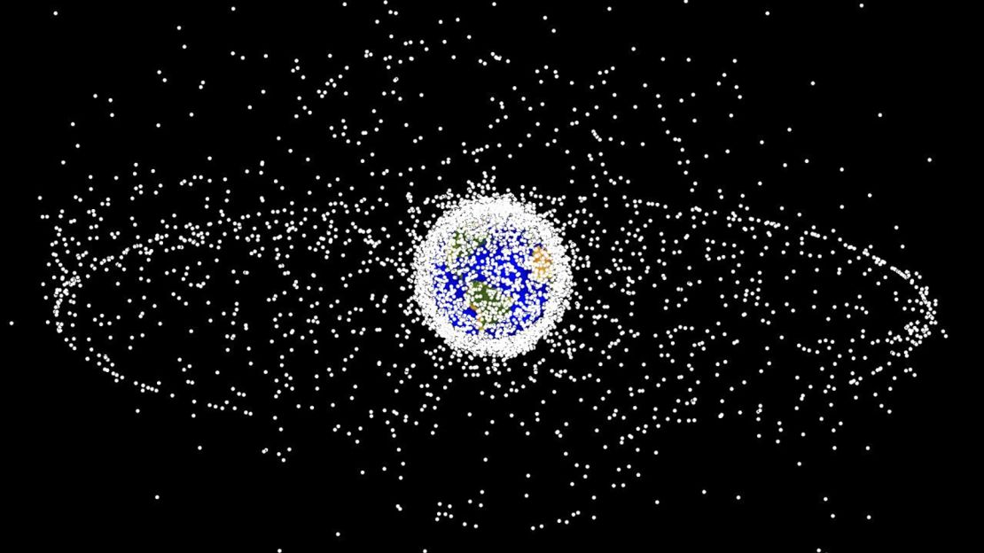 A computer-generated image representing space debris as could be seen from a high Earth orbit. The two main debris fields are the ring of objects in geosynchronous Earth orbit (GEO) and the cloud of objects in low Earth orbit (LEO).