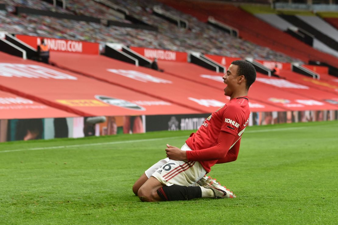 Greenwood celebrates scoring against Bournemouth at Old Trafford on July 4, 2020.