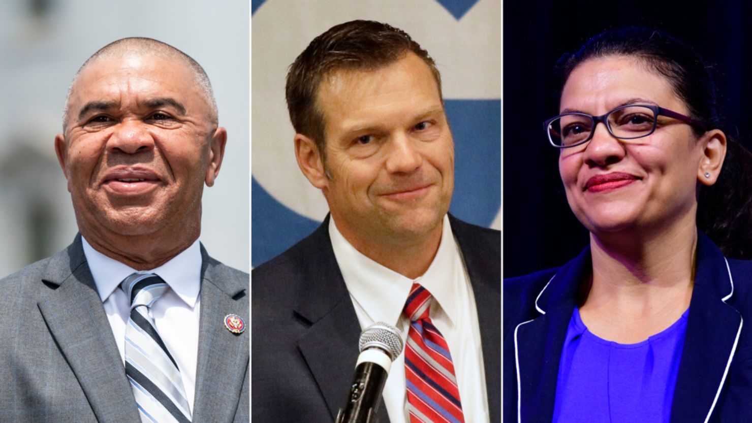 From left, Rep. Lacy Clay of Missouri, former Kansas Secretary of State Kris Kobach and Rep. Rashida Tlaib of Michigan -- three politicians facing primaries on Tuesday.