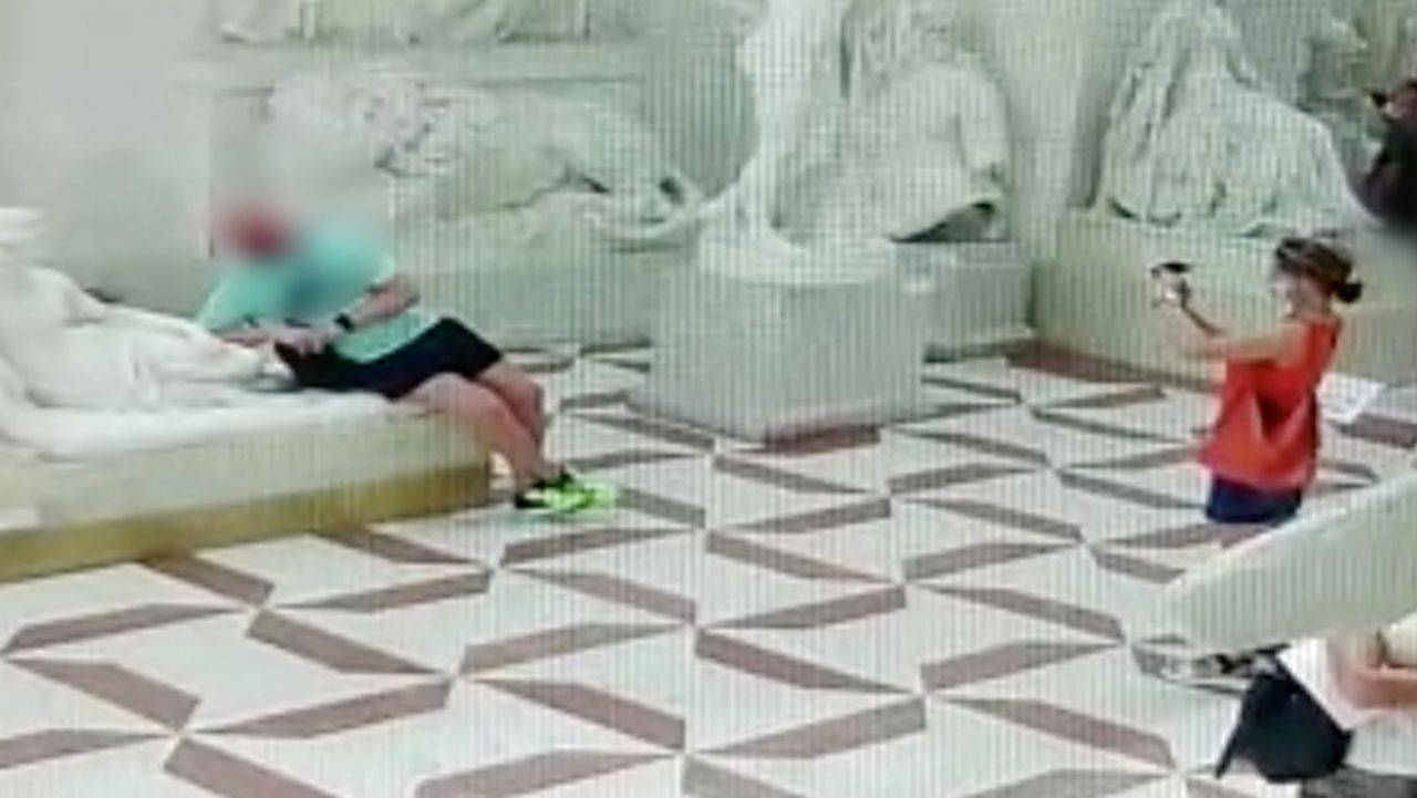 A 50-year-old Austrian man who broke three toes off a 200-year-old plaster cast model of Antonio Canova's statue of Paolina Bonaparte in the Gipsoteca Museum in Possagno, northern Italy, on July 31 has been identified, Treviso Carabinieri have confirmed to CNN.
The man, whose name has not yet been released, was caught on surveillance tape jumping up onto the reclining statue's base to get a vacation pic when the maneuver inadvertently snapped the toes. The damaged statue is the original plaster cast model from which the original marble statue that is housed in the Borghese Gallery in Rome was carved by Canova.