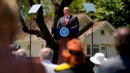 US Secretary of State Mike Pompeo speaks at the Richard Nixon Presidential Library, July 23, 2020, in Yorba Linda, California. (Photo by Ashley Landis / POOL / AFP) (Photo by ASHLEY LANDIS/POOL/AFP via Getty Images)