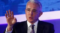 MADRID, SPAIN - JUNE 26: The former president of Colombia Álvaro Uribe, is seen during his speech in the I Concordia Europe - AmchamSpain Summit at Eurostars Madrid Tower Hotel on June 26, 2019 in Madrid, Spain. (Photo by Eduardo Parra/Europa press via Getty Images) (Photo by Europa Press News/Europa Press via Getty Images )