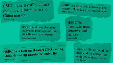 A compilation of headlines run by the Global Times, a Chinese state-owned media outlet that has repeatedly attacked HSBC over the past year.