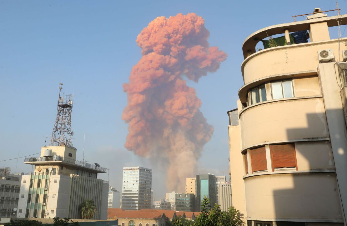 Plumes of smoke from the explosion rise above Beirut on Tuesday August 4, 2020.