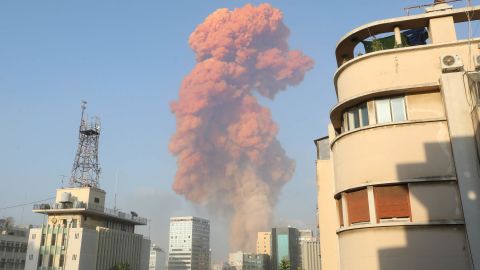 Plumes of smoke from the explosion rise above Beirut on Tuesday August 4, 2020.