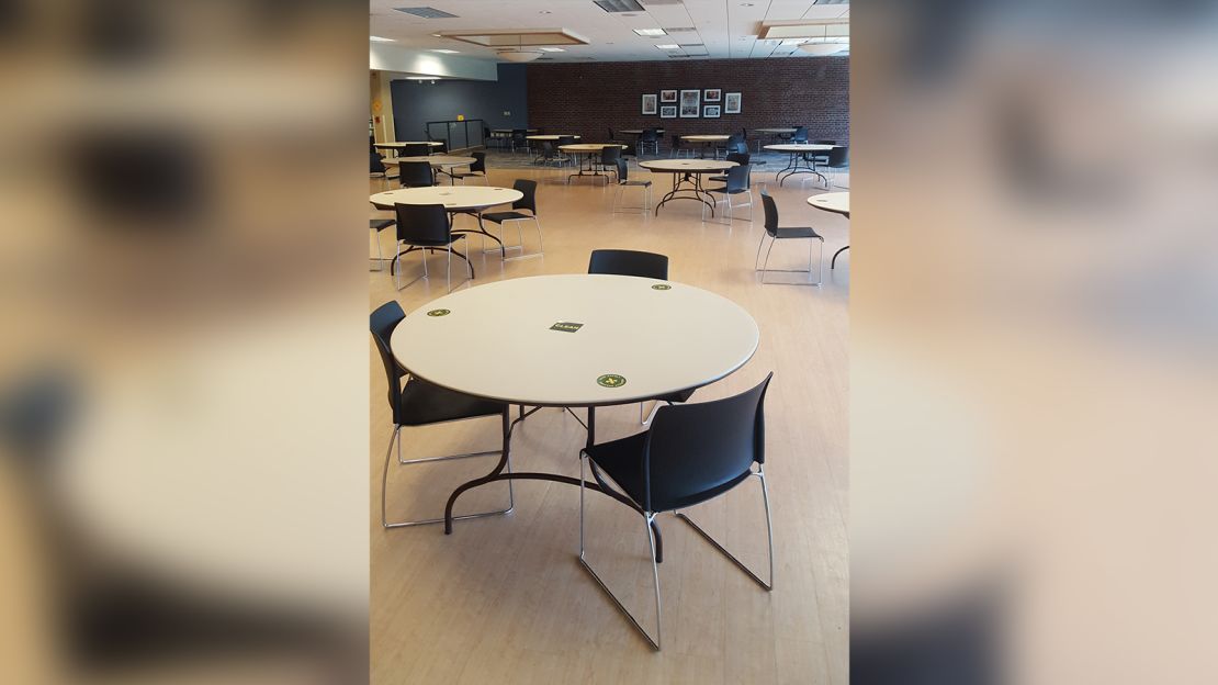 Stickers show students where to put their plates at St. Norbert College.