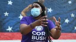 Missouri Democratic congressional candidate Cori Bush speaks to supporters during a canvassing event on August 3, 2020 in St Louis, Missouri. Bush, an activist backed by the progressive group Justice Democrats, is looking to defeat 10-term incumbent Rep. William Lacy Clay (D-MO) in Tuesday's election. (Photo by Michael B. Thomas/Getty Images)