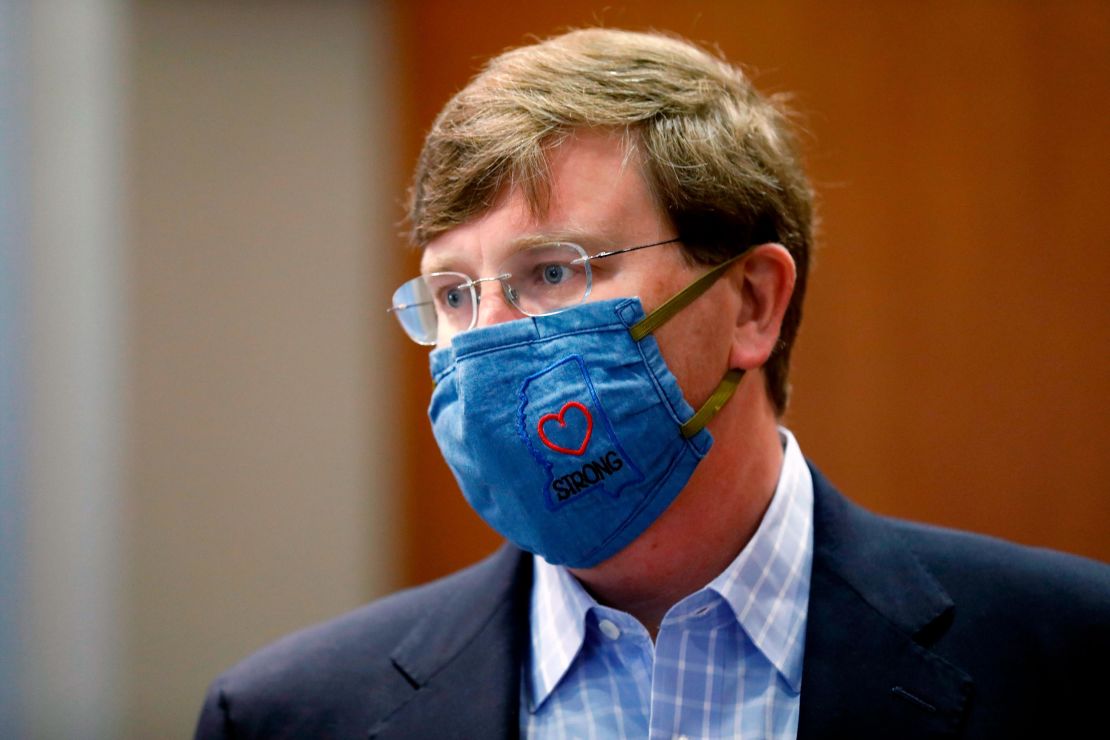 Gov. Tate Reeves sports a "Mississippi Strong" face mask following a July 8 coronavirus news briefing in Jackson.
