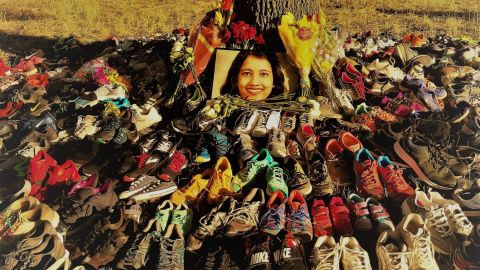 Residents of Plano, Texas, paid tribute to Sarmistha Sen by placing pairs of running shoes near where she was killed.