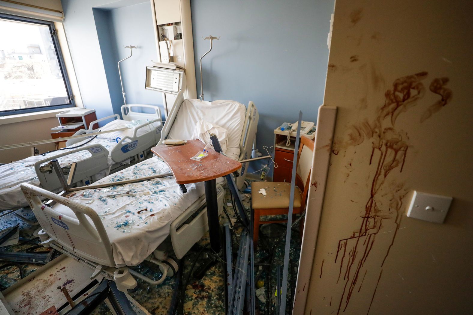 A damaged hospital room is seen on August 5, 2020.