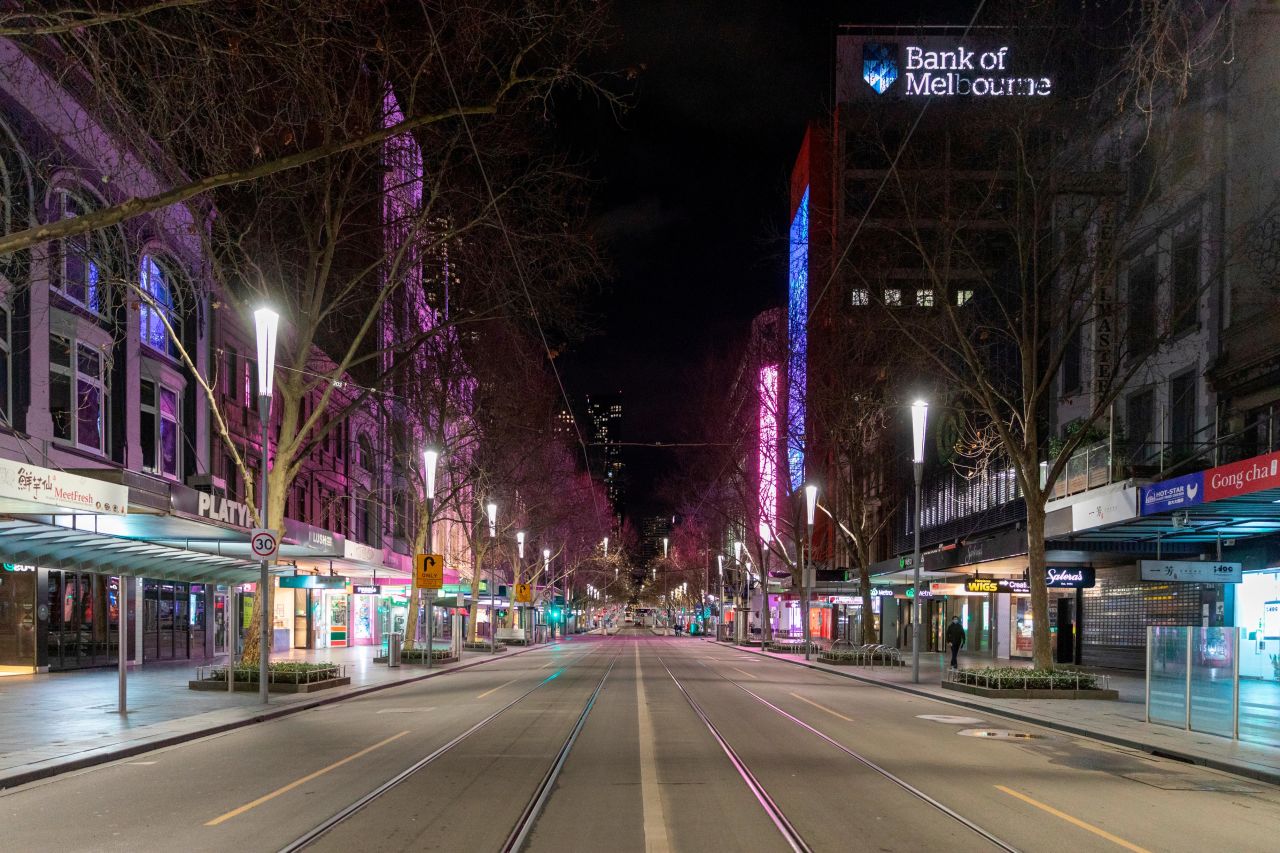 An empty Swanston Street is seen in Melbourne's Central Business District on August 5. Australia's second-most populous city <a href="https://www.cnn.com/2020/08/03/australia/australia-melbourne-coronavirus-intl-hnk/index.html" target="_blank">has implemented a curfew</a> for the next six weeks.