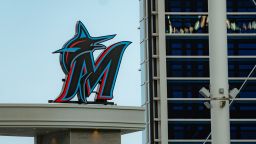 A general view of the new Marlins logo in the outfield during 2019 Workout Day at Marlins Park on March 27, 2019 in Miami, Florida. (Photo by Mark Brown/Getty Images)
