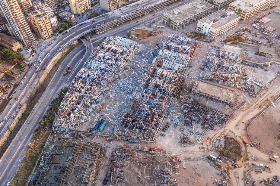 This aerial photo, taken on August 5, 2020, shows ruined structures at the port.