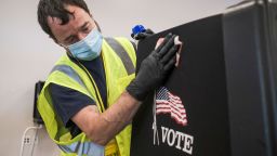 COLUMBUS, OH - APRIL 28: Staff of the Franklin County Board of Elections take measures to sanitize voting stations and provisional ballot envelop stations so that Ohio residents who qualify to  vote in person at the Franklin County Board of Elections headquarters can do so on April 28, 2020 in Columbus, Ohio on the final day of the the Primary Election. The election which was postponed on March 17, is almost exclusively mail in or absentee. The only residents allowed to vote in person are those who are disabled, have no permanent residence, or who requested a ballot by mail but never received it. (Photo by Matthew Hatcher/Getty Images)