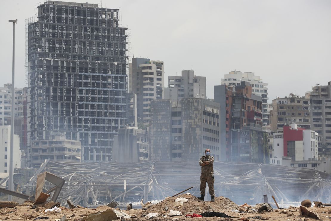 A soldier stands at the devastated site of the explosion in the port of Beirut on Thursday.