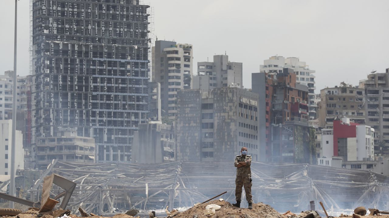 A soldier stands at the devastated site of the explosion in the port of Beirut on Thursday.
