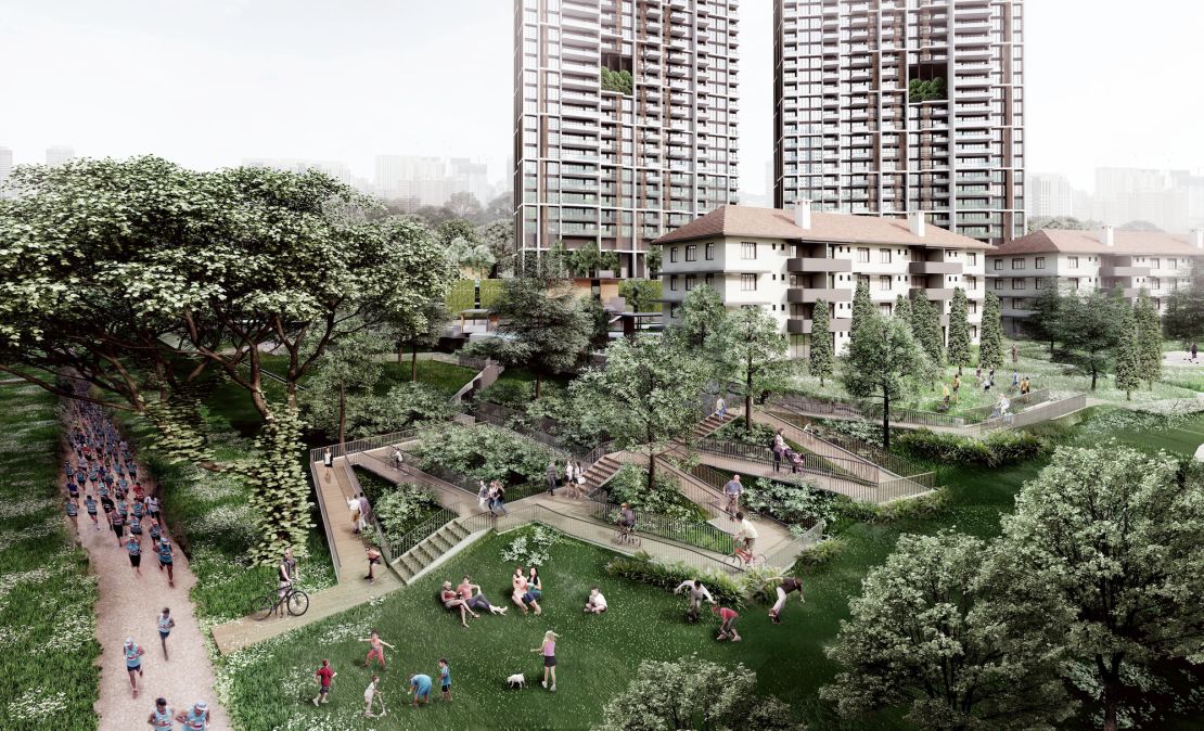 The area surrounding the towers is described by the architects as "an inclusive oasis-like community space."