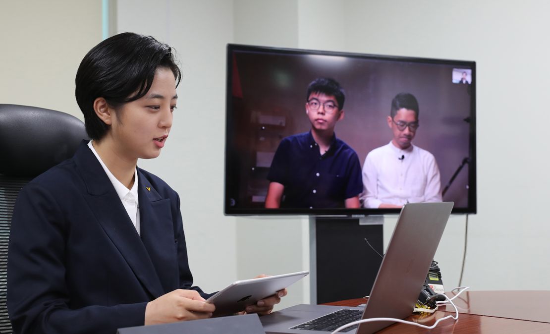 Ryu Ho-jeong, a lawmaker of South Korea's minor opposition Justice Party, holds a videoconference with Hong Kong pro-democracy advocates Nathan Law and Joshua Wong from the National Assembly in Seoul, South Korea, 10 June 2020.
