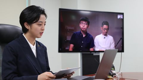 Ryu Ho-jeong, a lawmaker of South Korea's minor opposition Justice Party, holds a videoconference with Hong Kong pro-democracy advocates Nathan Law and Joshua Wong from the National Assembly in Seoul, South Korea, 10 June 2020.